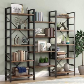 Triple Wide 5-Shelf Bookcase, Etagere Large Open Bookshelf Vintage Industrial Style Shelves Wood and Metal bookcases Furniture for Home & Office (Retro Brown)