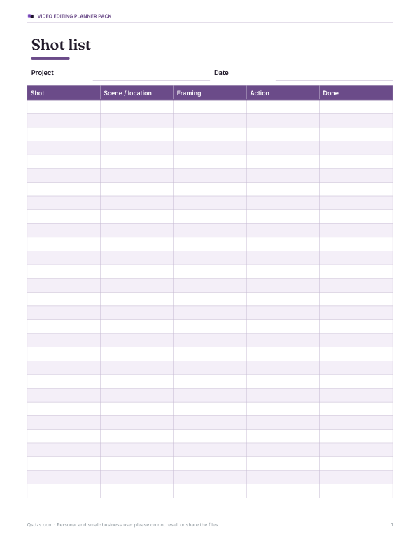 Preview of Printable Video Shot List